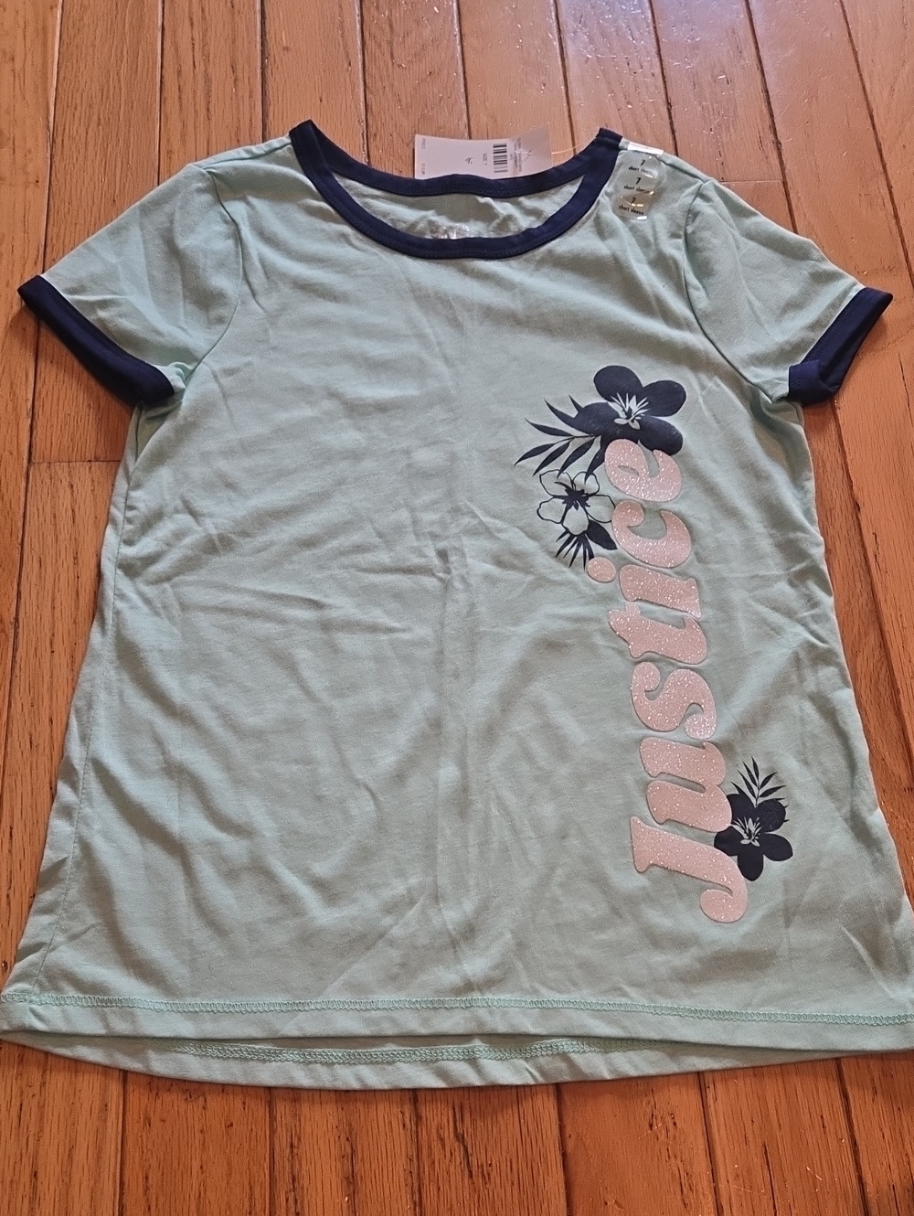 Justice Mint Green Graphic Ringer Tee with Navy Trim